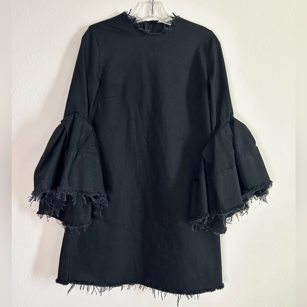 Marques Almeida Black Denim Frayed Mini Dress Medium Ruffle Cuffs - Picture 2 of 10